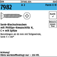 DIN 7982 A 2 Form C-H Senk-Blechschrauben mit Spitze, mit Phillips-Kreuzschlitz