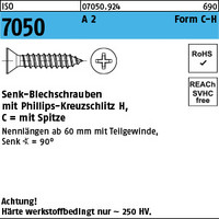 ISO 7050 A 2 Form C-H Senk-Blechschrauben mit Spitze, mit Phillips-Kreuzschlitz