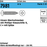 DIN 7981 A 4 Form C-H Linsen-Blechschrauben mit Spitze, mit Phillips-Kreuzschlit
